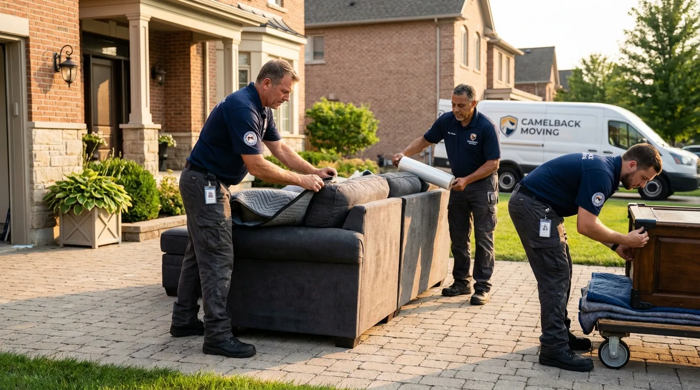 Large estate moving crew wrapping furniture in Methuen, MA