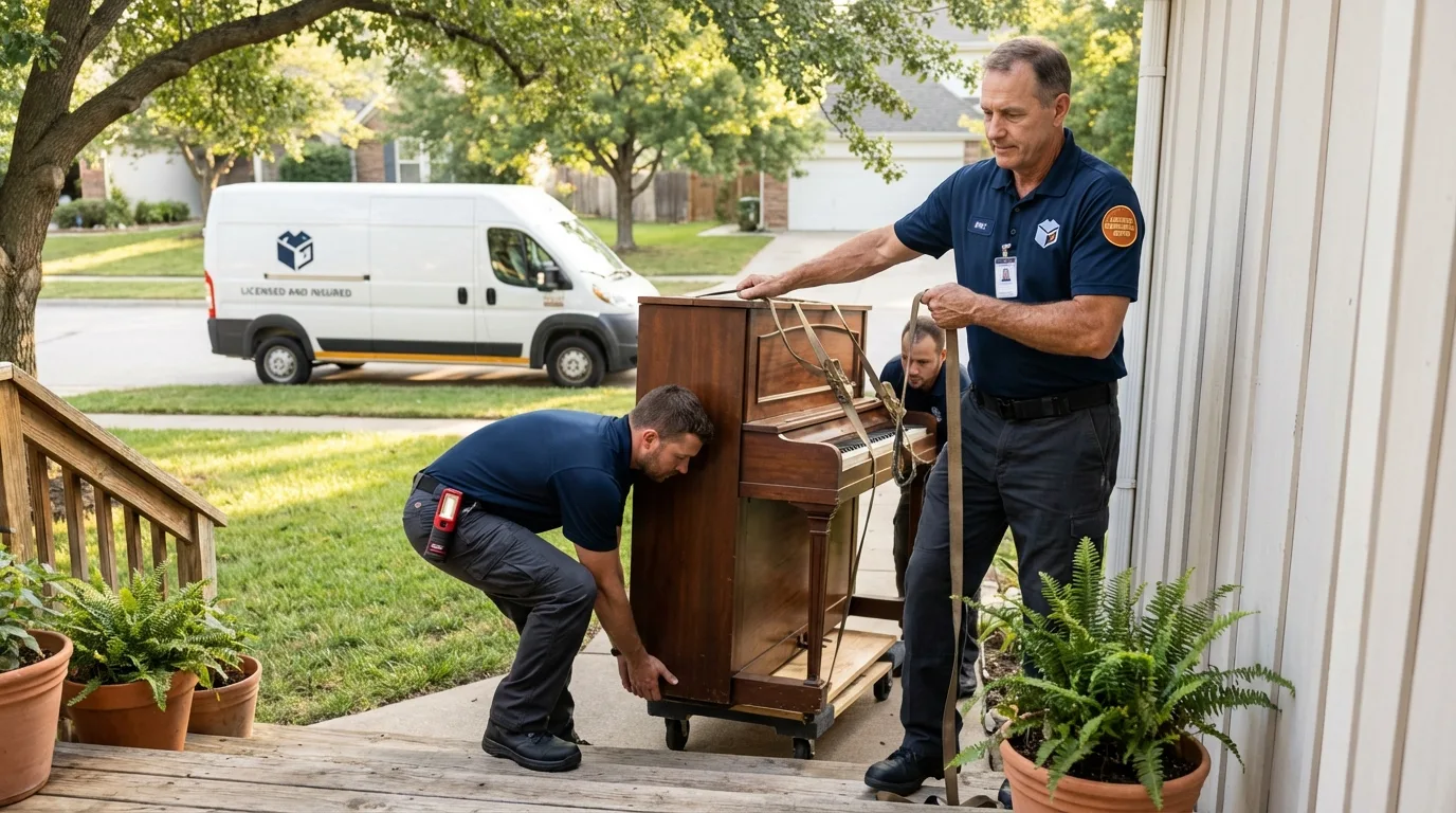 Licensed piano movers securing grand piano in Methuen, MA