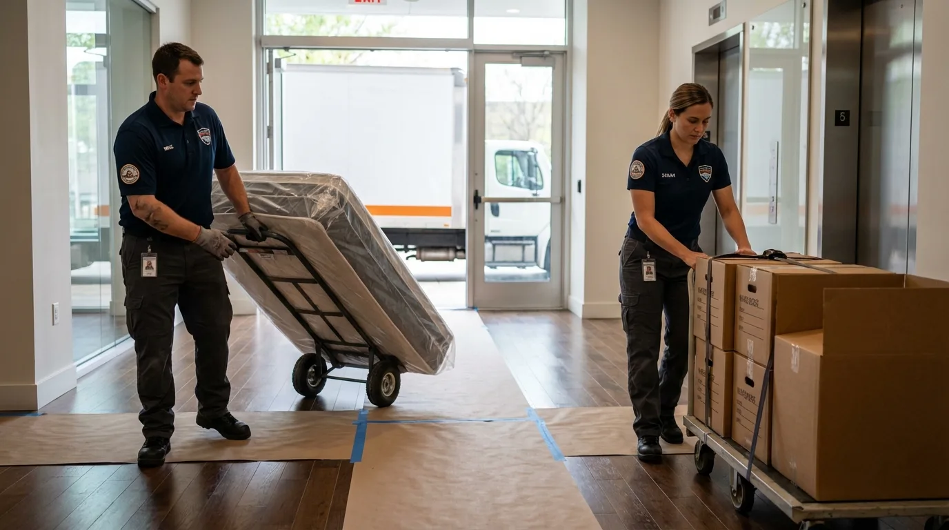 Professional apartment movers loading elevator in Methuen, MA