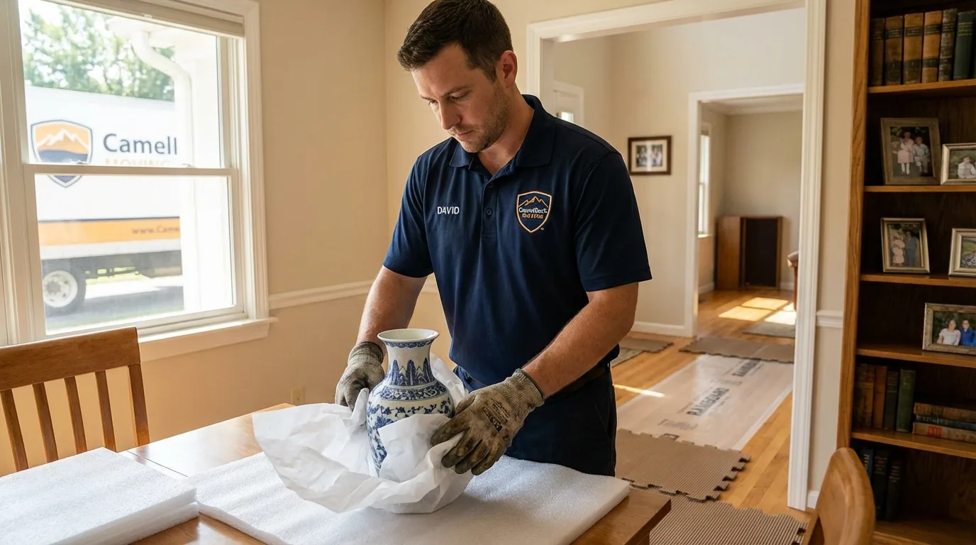 Professional crew carefully wrapping antique vase for senior downsizing move in Methuen, MA