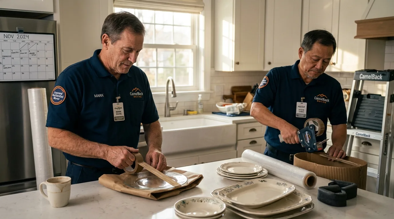 Professional crew packing kitchen dishware in Methuen, MA
